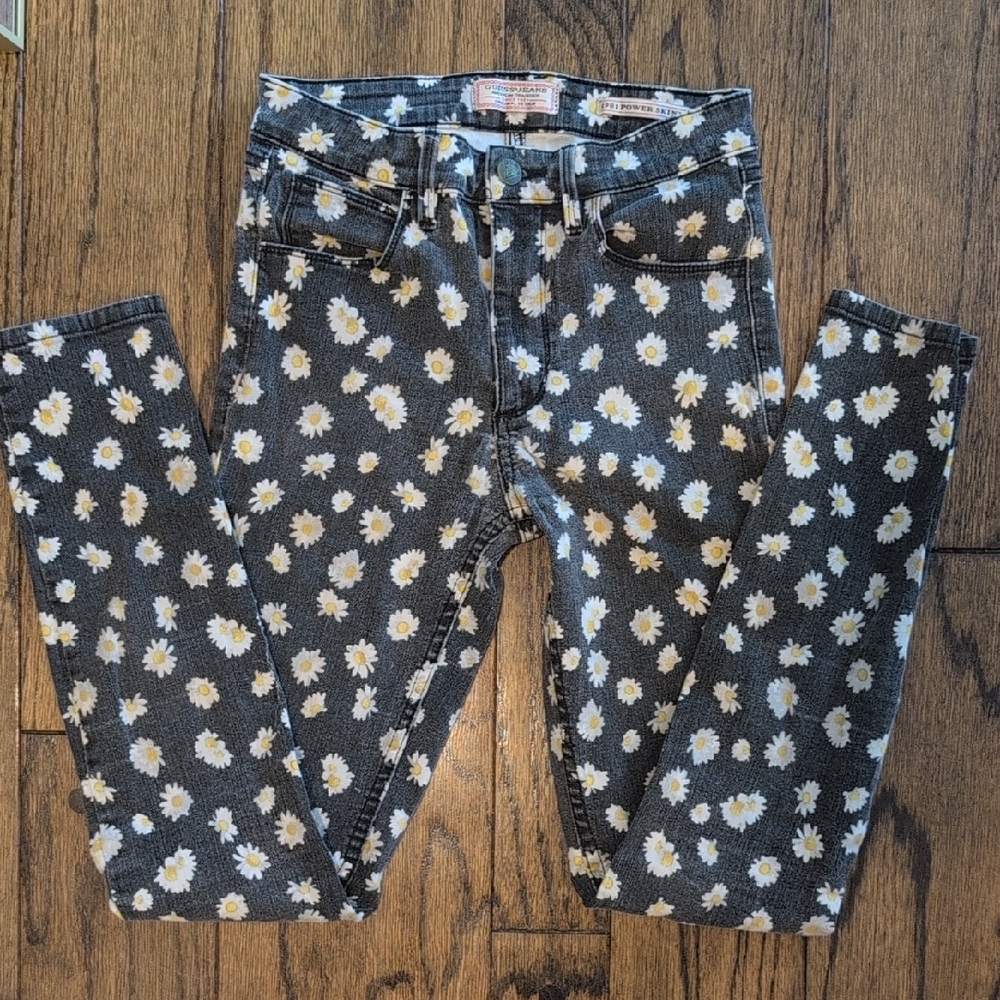 Guess Black and White Skinny Jeans with Heart Print